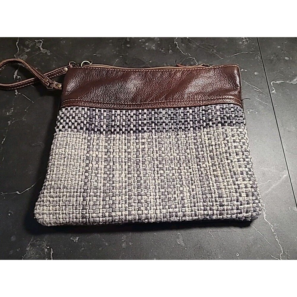 Myra Weathered, Leather, Trim, And Woven Bag – Wristlet